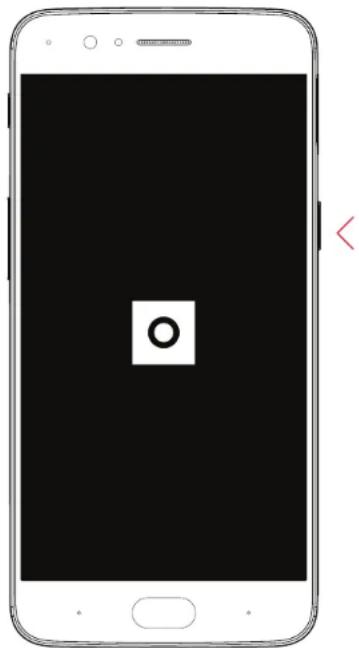 Front view of a smartphone displaying a black screen with a white square containing an 'O' symbol (no text or labels)
