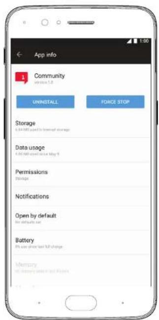 App info Community version 1.8 UNINSTALL FORCE STOP Storage 6:34 MHz used to install storage Data usage 6:30 MHz operation May 9 Permissions Storage Notifications Open by default No default set Battery 8% use short time full charge Memory 8% memory uses in all places