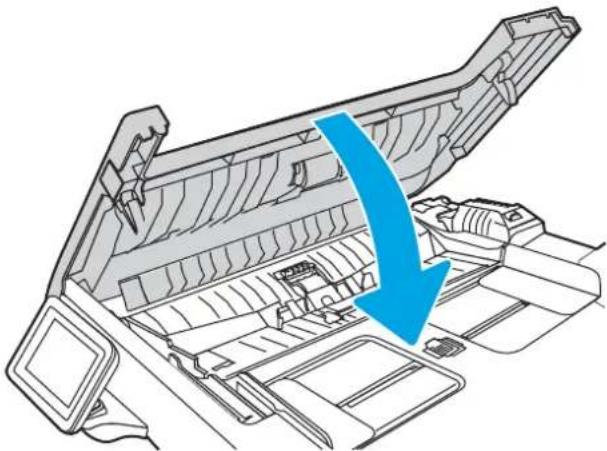 Diagram of a printer internal structure with a blue arrow indicating a process or operation (no text or symbols present).