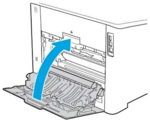 Diagram of a printer's internal structure showing a blue arrow pointing to the printer's front panel (no text or symbols present)