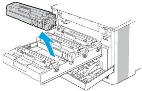 Mechanical assembly diagram showing a device with a blue arrow indicating a directional component.