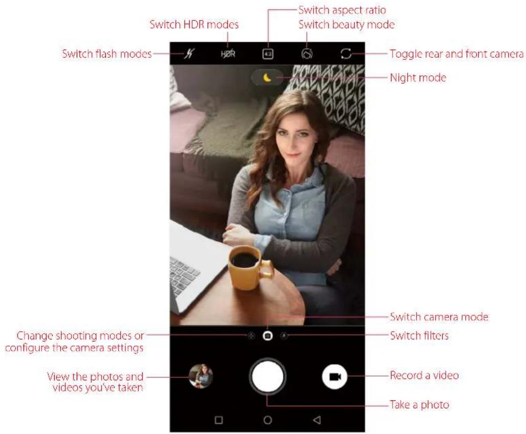 Switch HDR modes Switch aspect ratio Switch beauty mode Switch flash modes HOR Night mode Toggle rear and front camera Change shooting modes or configure the camera settings View the photos and videos you've taken Switch camera mode Switch filters Record a video Take a photo