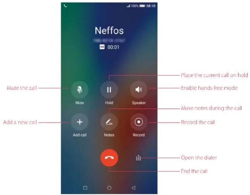 Neffos 00:01 Mute the call Mute Hold Speaker Place the current call on hold Enable hands free mode Make notes during the call Record the call Add a new call Add call Notes Record Open the dialer End the call