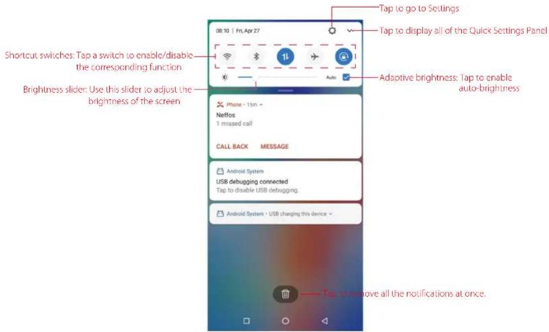 Tap to go to Settings Tap to display all of the Quick Settings Panel Shortcut switches: Tap a switch to enable/disable the corresponding function Brightness slider: Use this slider to adjust the brightness of the screen Adaptive brightness: Tap to enable auto-brightness Phone - 15m - Neffos 1 missed call CALL BACK MESSAGE Android System USB debugging connected Tap to disable USB debugging. Android System - USD changing this device Tap to remove all the notifications at once.