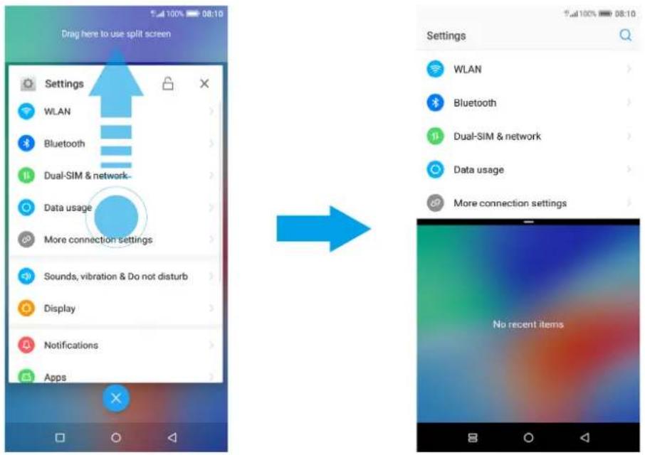 Drag here to use split screen Settings WLAN Bluetooth Dual-SIM & network- Data usage More connection settings Sounds, vibration & Do not disturb Display Notifications Apps Settings WLAN Bluetooth Dual-SIM & network Data usage More connection settings No recent items
