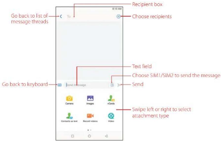 Go back to list of message threads To 8:10 AM Recipient box Choose recipients Text field Choose SIM1/SIM2 to send the message Send Go back to keyboard Send message Camera Images vCards Contacts as text Record videos Video Swipe left or right to select attachment type