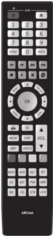 AVR 1 2 3 4 5 6 7 8 9 SYNC 0 INFO OK MODE DISP VOL AMP DIRECT RADIO AUX NET BY AV SAT PVR GAME BD CD STB UHD ARCAM