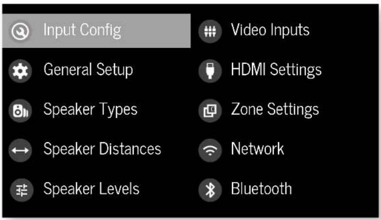 Input Config General Setup Speaker Types Speaker Distances Speaker Levels Video Inputs HDMI Settings Zone Settings Network Bluetooth