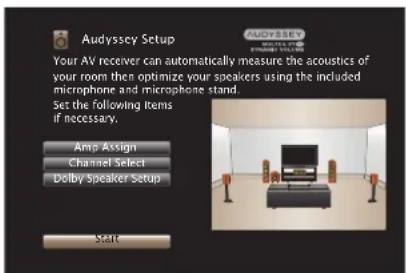 Audyssey Setup Your AV receiver can automatically measure the acoustics of your room then optimize your speakers using the included microphone and microphone stand. Set the following items if necessary. Amp Assign Channel Select Dolby Speaker Setup Salle