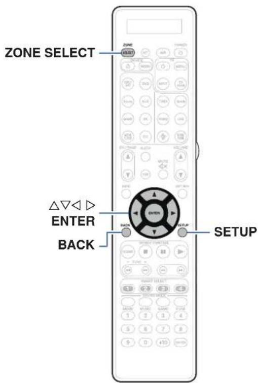 ZONE SELECT Δ▽◀ ▷ ENTER BACK SETUP