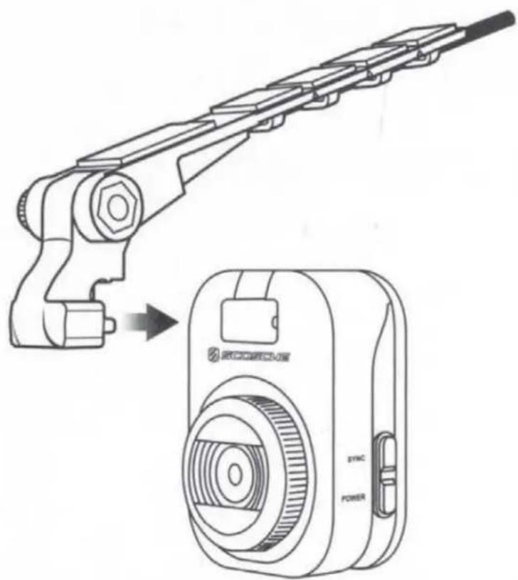Technical diagram showing a mechanical device with an arrow pointing to its internal components, alongside a close-up of a digital camera labeled with SYNC, POWER, and PROCEDURE.