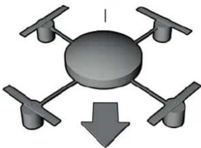 3D illustration of a drone with four propellers and a downward arrow indicating flight or landing (no text or symbols)