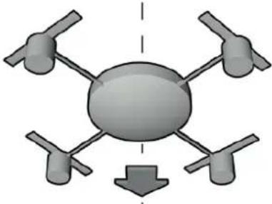 Diagram of a four-bladed drone with a downward arrow indicating flight direction (no text or symbols)