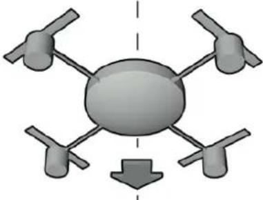 Diagram of a four-bladed drone with a downward arrow indicating flight direction (no text or symbols)