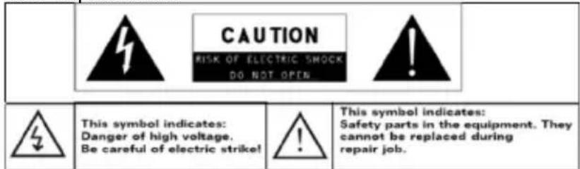 CAUTION RISK OF ELECTRIC SHOCK DO NOT OPEN This symbol indicates: Danger of high voltage. Be careful of electric strike! This symbol indicates: Safety parts in the equipment. They cannot be replaced during repair job.