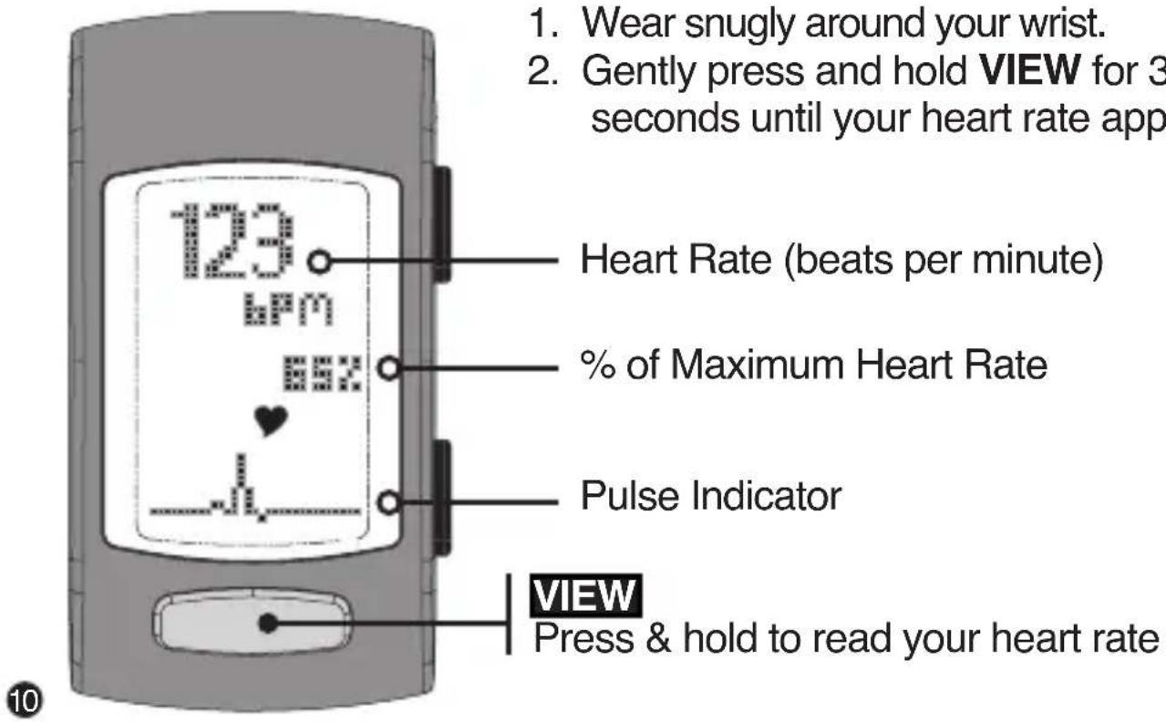 1. Wear snugly around your wrist. 2. Gently press and hold VIEW for 3 seconds until your heart rate app Heart Rate (beats per minute) % of Maximum Heart Rate Pulse Indicator VIEW Press & hold to read your heart rate