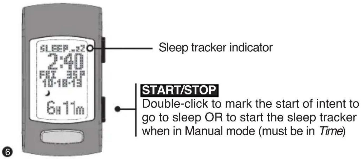 SLEEP:22 2:40 FRI:35P 10-18-19 6h11m Sleep tracker indicator START/STOP Double-click to mark the start of intent to go to sleep OR to start the sleep tracker when in Manual mode (must be in Time)