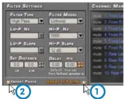 Filter Settings Filter Type High Pass Filter Model Linkowitz LG-P H2 Hi-P H2 5000 LG-P Slope Hi-P Slope 12 dB Set Distance Delay ms in cm Lnft/1.7, time set from fasthead spiknw on Channel Main 1: Front Line 2: Front Line 3: Front Line 4: Front Line 5: Front Line 6: Front Line 7: Front Line 8: Front Line 9: Front Line 10: Front Line Invert Phase Output 1 & Output 2 ② ①