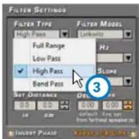 Filter Settings Filter Type High Pass Full Range Low Pass High Pass Band Pass Set Distance 0.0 0.0 0.0 0.0 Default: Low pass from Farther speaker in 3