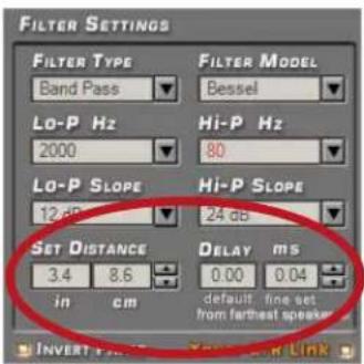 FILTER SETTINGS FILTER TYPE Band Pass Filter Model Bessel Lo-P Hz 2000 Hi-P Hz 80 Lo-P SLOPE 12 dB 24 dB Hi-P SLOPE Set Distance 3.4 8.6 Delay ms in cm default fine set from farthest speaker INVERT FLOW Link