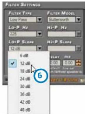FILTER SETTINGS FILTER TYPE Low Pass Filter Mode Belterworth Lo-P Hz 225 Hi-P Hz Lo-P Slope 12 dB Hi-P Slope 6 dB 12 dB 18 dB 24 dB 30 dB 36 dB 42 dB 40 dB ELAY 0.00 0.00 Select Time and in Farmed Speckles 6