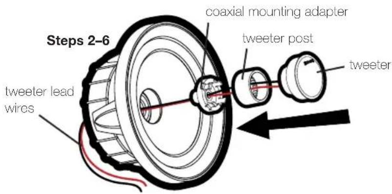 Steps 2-6 coaxial mounting adapter tweeter post tweeter tweeter lead wires