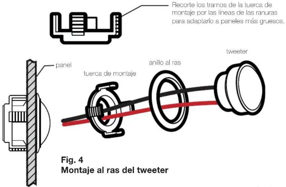 Recorte los tramos de la tuerca de montaje por las líneas de las ranuras para adaptarlo a paneles más gruesos. panel tuerca de montaje anillo al ras tweeter Fig. 4 Montaje al ras del tweeter