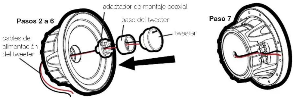 Pasos 2 a 6 cables de alimentación del tweeter adaptador de montaje coaxial base del tweeter tweeter Paso 7