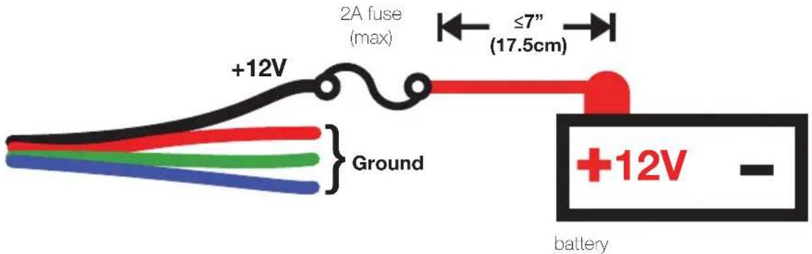 +12V 2A fuse (max) ≤7" (17.5cm) Ground +12V - battery