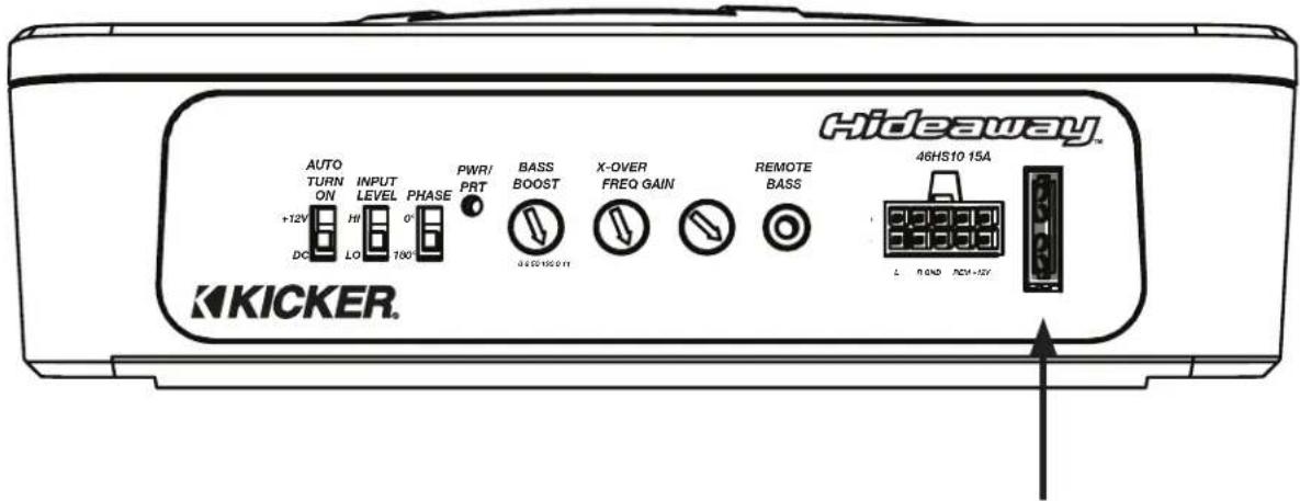 Hideaway™ AUTO TURN ON +12V H/ DC LO INPUT LEVEL H/ PHASE 0° 100° PWR/ PRT BASS BOOST X-OVER FREQ GAIN REMOTE BASS 46HS10 15A KICKER. L ROND NCM-12V