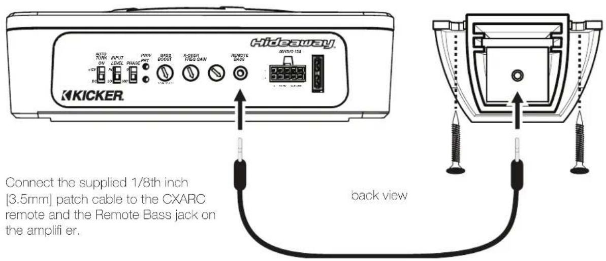 KICKER AUTO TURN ON +12V DC ON INPUT LEVEL N PWM PMT BASS BOOST X-OFFA FREQ 5AN RENDTE BASS HENSIO 15A Connect the supplied 1/8th inch [3.5mm] patch cable to the CXARC remote and the Remote Bass jack on the amplifi er. back view