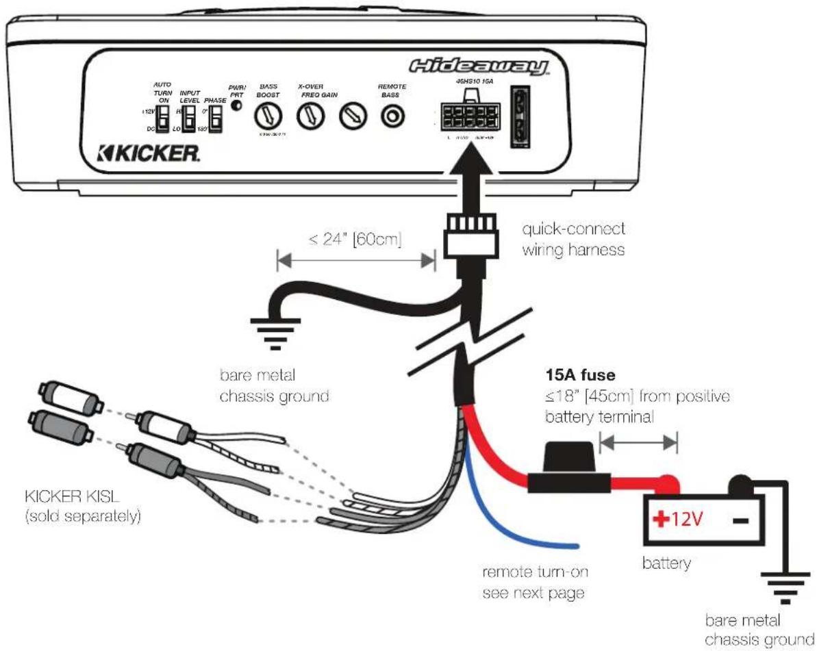 KICKER AUTO TURN ON INPUT LEVEL PHASE 12V DO LO 160 PWR PRT BASS BOOST X-OVER FREQ GAIN REMOTE BASS 4GHS10 NSA Hideaway ≤ 24" [60cm] quick-connect wiring harness bare metal chassis ground 15A fuse ≤18" [45cm] from positive battery terminal KICKER KISL (sold separately) remote turn-on see next page battery +12V bare metal chassis ground