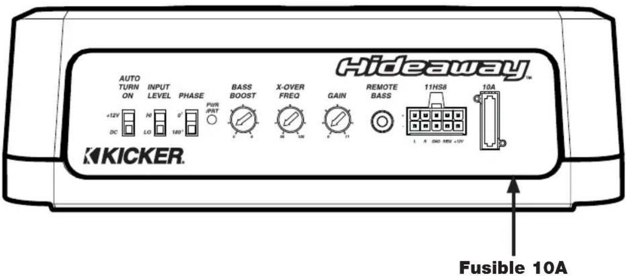Hideaway™ AUTO TURN ON +12V DC H0 LO 180° PHASE 0° PUR /PRT BASS BOOST X-OVER FREQ GAIN REMOTE BASS 11HS8 L A OK 10A +UV 10A KICKER. Fusible 10A