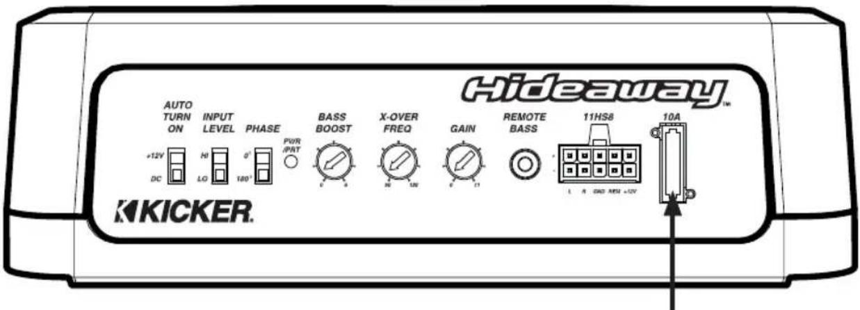 Hideaway™ AUTO TURN ON +12V DC H0 LG 180° PHASE 0° PUR /PNT BASS BOOST X-OVER FREQ GAIN REMOTE BASS 11HS8 L 4 GND RSI +12V 10A KKICKER.