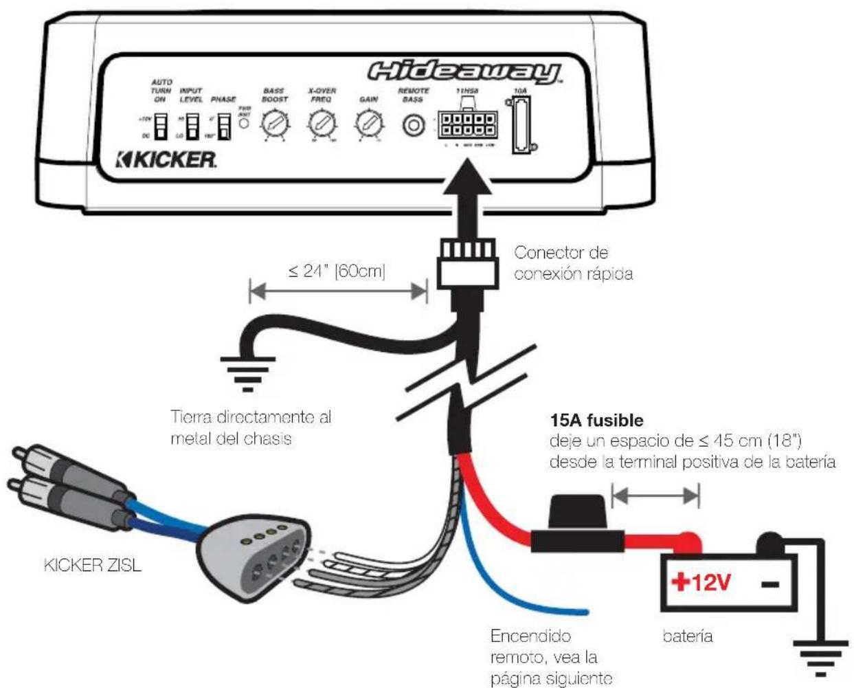 Hideaway AUTO TURN ON INPUT LEVEL PNASE FOD BASS BOOST X-OVER FREQ GAIN REMOTE BASS TINSA 10A -12V 3A 4C 5D 6E 7F 8G 9H 10I KICKER Tierra directamente al metal del chasis ≤ 24" [60cm] Conector de conexión rápida 15A fusible deje un espacio de ≤ 45 cm (18") desde la terminal positiva de la batería KICKER ZISL Encendido remoto, vea la página siguiente +12V batería