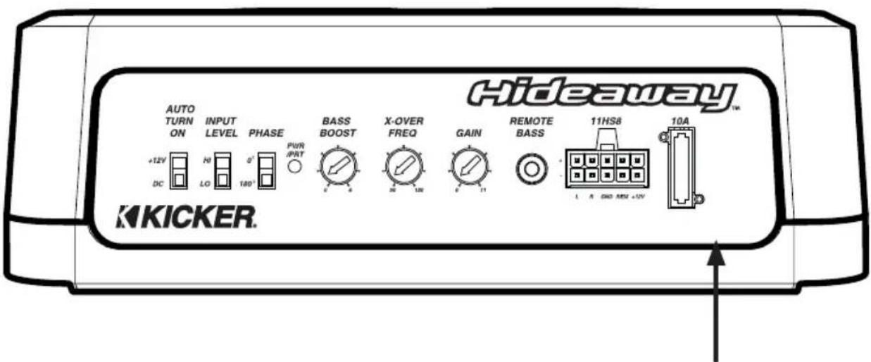 Hideaway™ AUTO TURN ON +12V DC INPUT LEVEL N LO 180° PHASE a' PWR /PNT BASS BOOST E A X-OVER FREQ INR GAIN T1 REMOTE BASS 11HS8 L A ON/O MAX +UN 10A KKICKER.