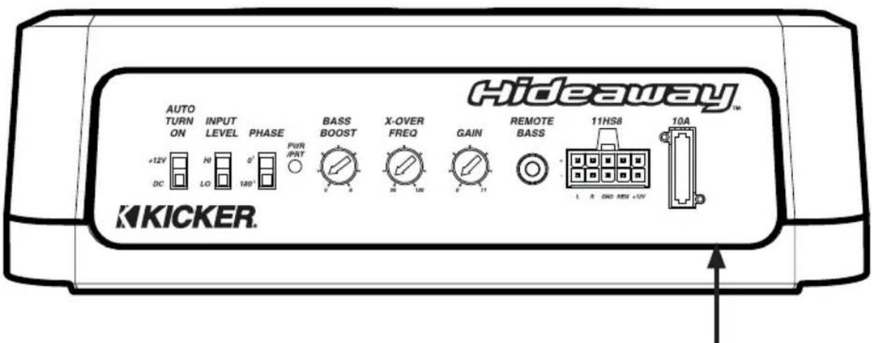 Hideaway™ AUTO TURN ON +12V DC INPUT LEVEL H0 LO 0° 180° PHASE PWR /PNT BASS BOOST X-OVER FREQ GAIN REMOTE BASS 11HS8 L A ON/O MAX +/UV 10A KKICKER.