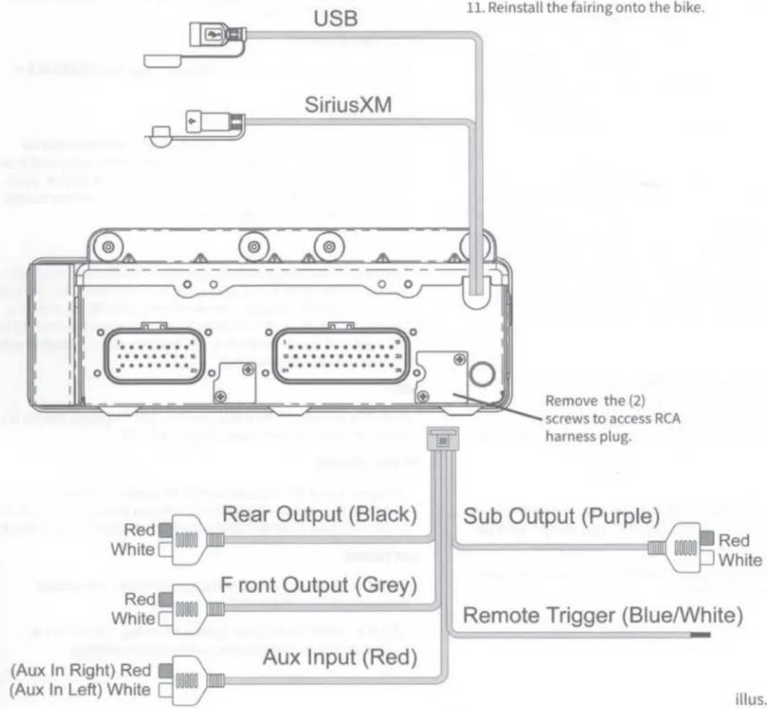 USB SiriusXM Remove the (2) screws to access RCA harness plug. Sub Output (Purple) Red White Front Output (Grey) Red White Remote Trigger (Blue/White) Aux Input (Red) (Aux In Right) Red (Aux In Left) White illus.