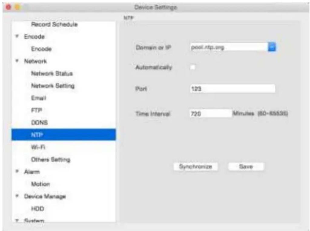 Device Settings Record Schedule Encode Encode Network Network Status Network Setting Email FTP DONS NTP Wi-Fi Others Setting Alarm Motion Device Manage HDD System NTP Domain or IP pool.rtp.org Automatically Port 123 Time Interval 720 Minutes (80-85598) Synchronize Save
