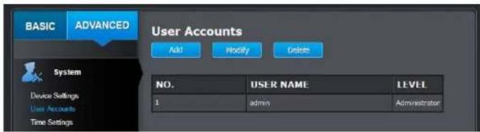 BASIC ADVANCED User Accounts Add Modify Delete System Device Settings User Accounts Time Settings NO. USER NAME LEVEL 1 admin Administrator