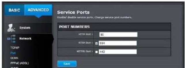 BASIC ADVANCED Service Ports Tracified double service ports, Charge service port numbers. System Network TOPWP Port DCMS PPPE (ADSL) SMD PORT NUMBERS HTTP Port 1 80 RTSP Port 1 $54 HTTPS Port 1 443 Save