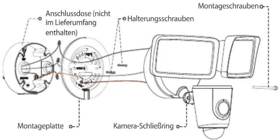 Anschlussdose (nicht im Lieferumfang enthalten) Halterungsschrauben Montageschrauben Montageplatte Kamera-Schließring