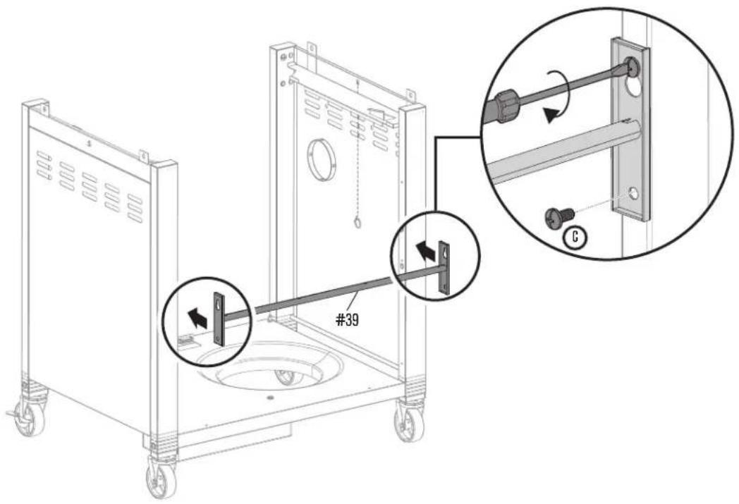 Technical diagram of a mechanical device with labeled components and assembly steps, including zoomed-in views and numbered parts.