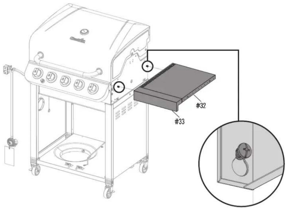 Technical diagram of a portable grill with labeled components including #32, #33, and a magnified inset showing internal components.
