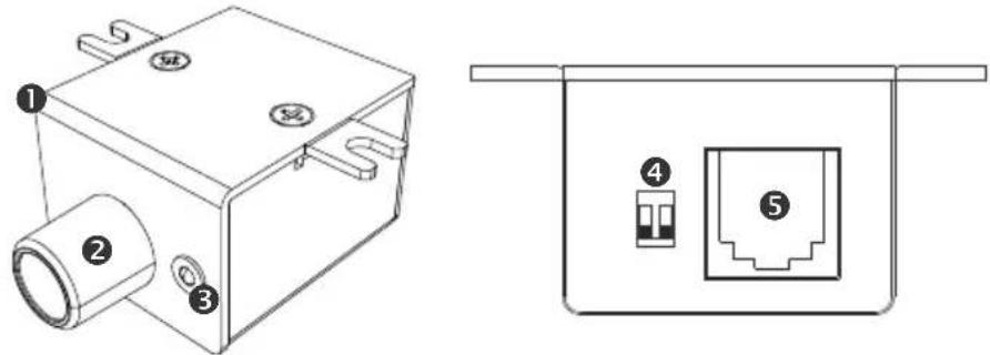 Technical diagram showing two views of a device housing with labeled components and internal ports