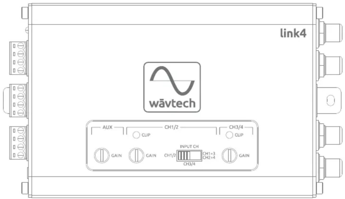 link4 wāvtech AUX CLIP CH1/2 CH3/4 CLIP GAIN GAIN CH1/2 INPUT CH CH1+3 CH2+4 GAIN CH3/4 link4