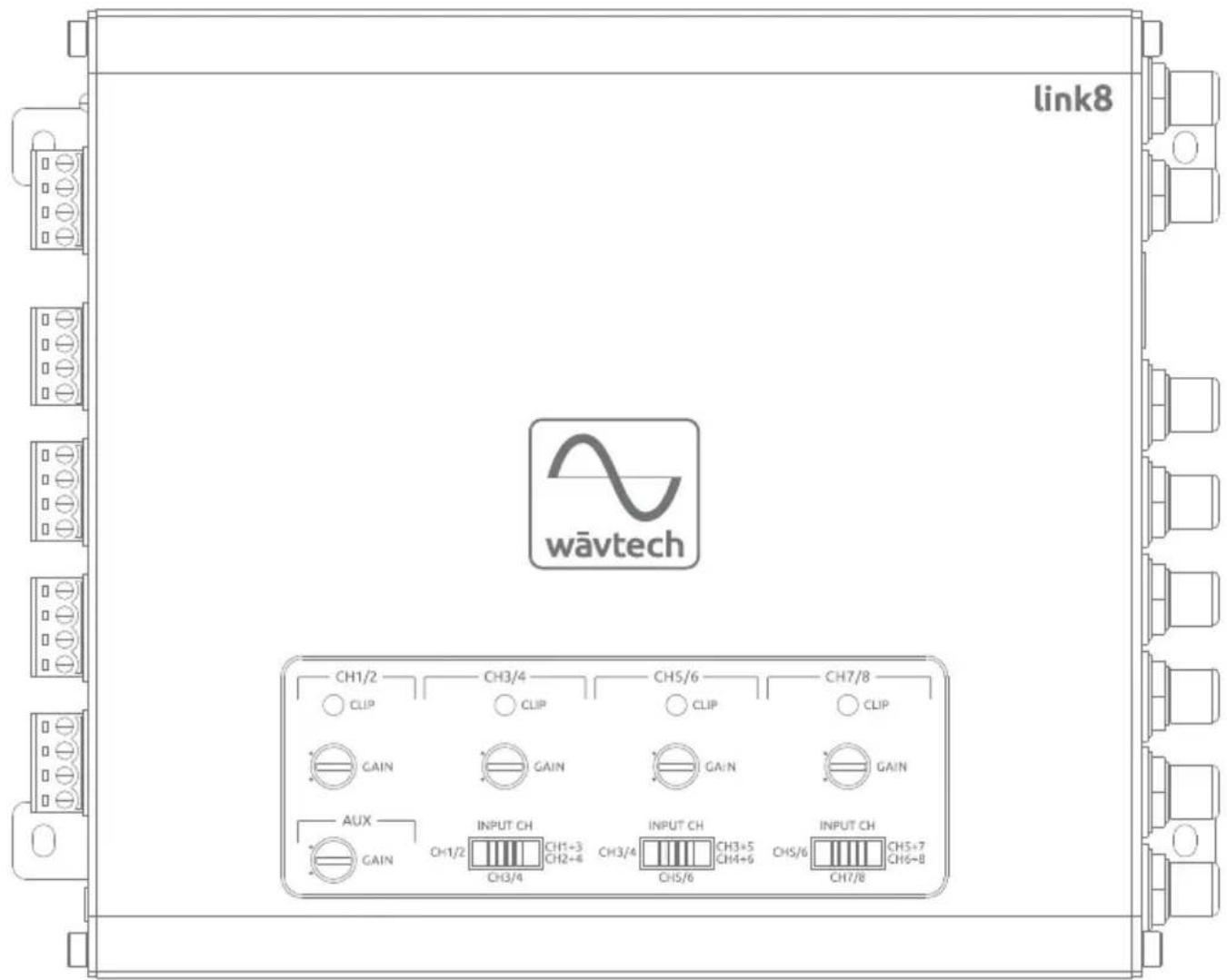 link8 wāvtech CH1/2 CLIP CH3/4 CLIP CH5/6 CLIP CH7/8 CLIP GAIN GAIN GAIN GAIN AUX GAIN INPUT CH CH1/2 CH3/4 CH1+3 CH2+4 CH3/4 CH5/6 CH3+5 CH4+6 CH5/6 CH7/8 INPUT CH CH5+7 CH6-8