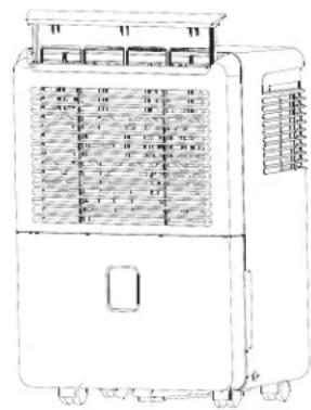 Technical line drawing of a portable air conditioner unit with labeled compartments and ventilation grilles