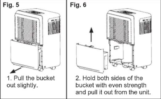 Fig. 5 1. Pull the bucket out slightly. Fig. 6 2. Hold both sides of the bucket with even strength and pull it out from the unit.