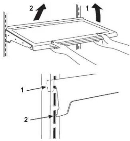 Technical diagram showing two mechanical assembly steps with labeled components and directional arrows indicating motion.